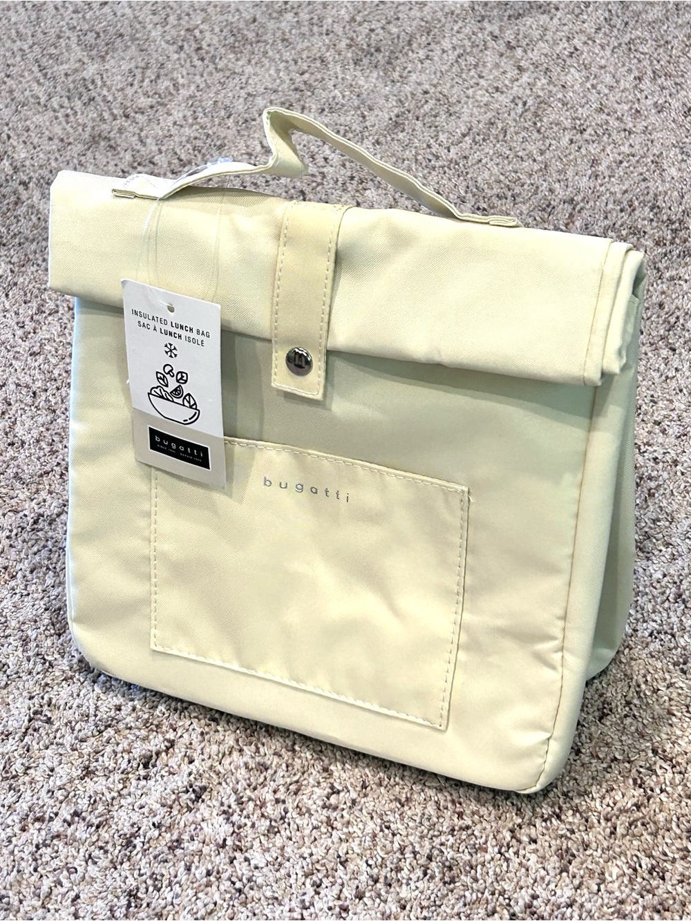 Bugatti Insulated Foldover Lunch Bag Nylon  Front Pocket Top Carry Handle Taupe